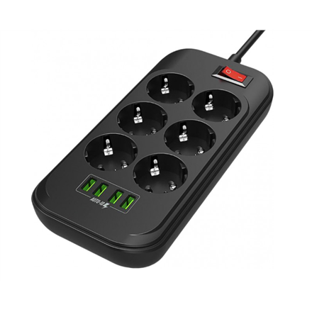 ColorWay Power Socket CW-CHE64B Black, 4xUSB, 2 m, 250 V, 6 euro sockets, 17 W kabelis, vads