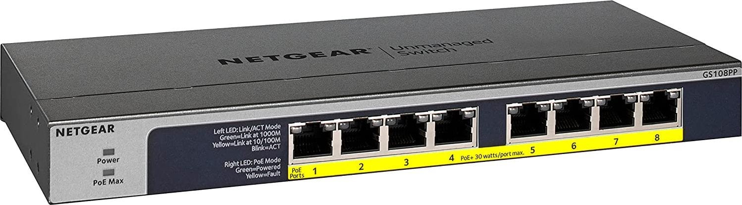 Netgear GS108 Gigabit Switch 8x GB-LAN / POE+ komutators