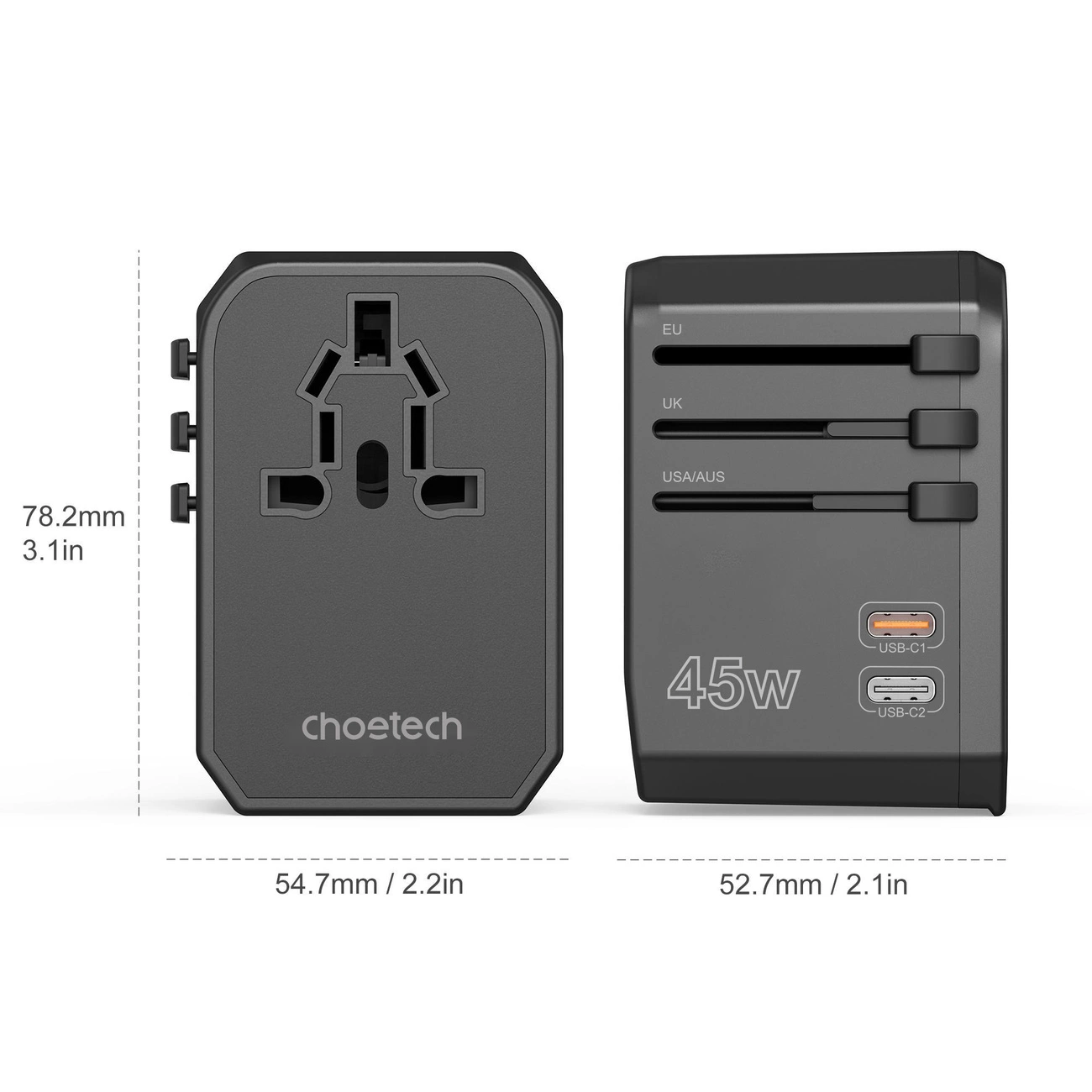 Choetech PD6045 USB-C USB-A 45W GaN Travel Charger with US EU UK AU Plugs - Black 01.01.02.XX-PD6043-BK (6932112106209) iekārtas lādētājs