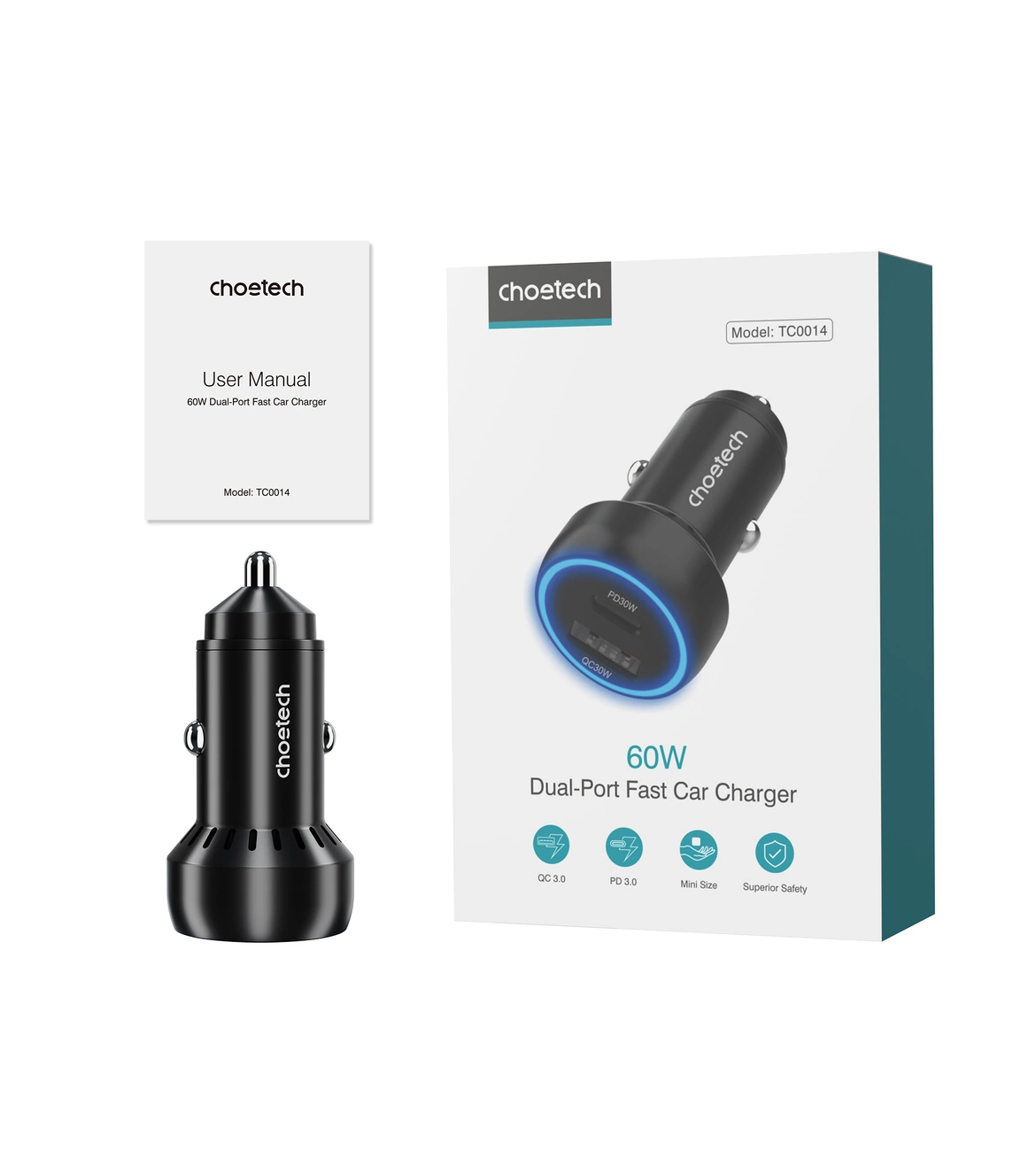 Choetech TC0014 USB-C USB-A PD 60W car charger with LED backlight - black iekārtas lādētājs