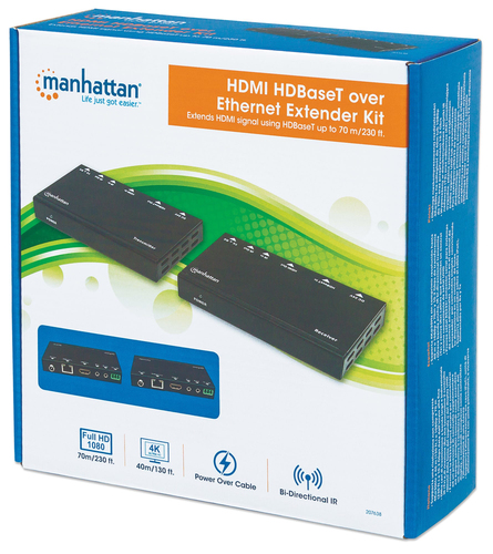 Manhattan 207638 Extender sygnalu HDMI po skretce Cat5e/6/6A/7, 4K do 40m, HDBaseT do 70m