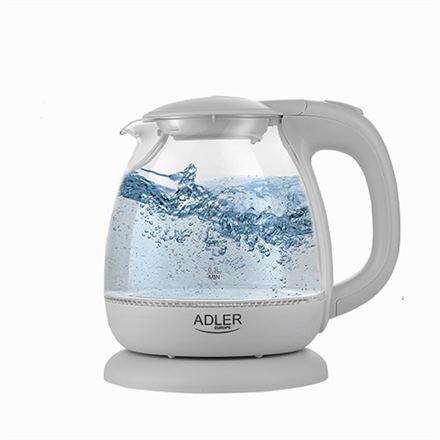 Adler Kettle AD 1283G Standard, 1100 W, 1 L, Plastic/ glass, White/ transparent, 360° rotational base 5902934833417 Elektriskā Tējkanna