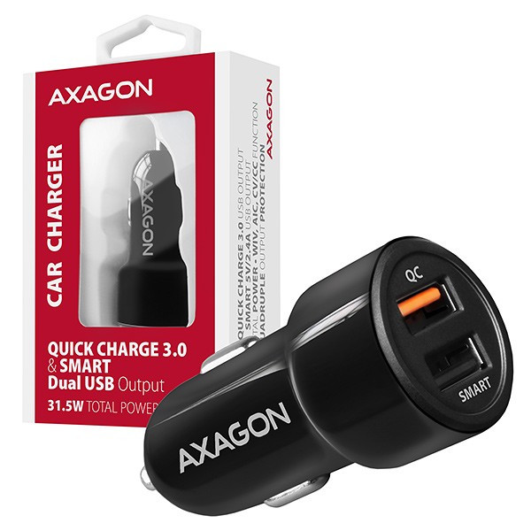 AXAGON PWC-QC5 car charger Smart 5V 2,4A + QC3.0, 30W, black portatīvo datoru lādētājs