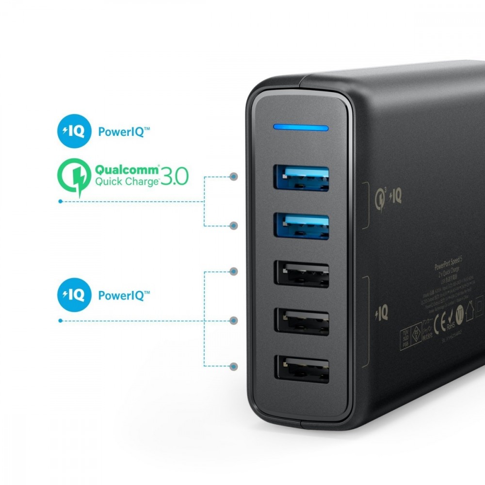 Anker PowerPort 5 with Dual QC 3.0 63W USB-A Black iekārtas lādētājs