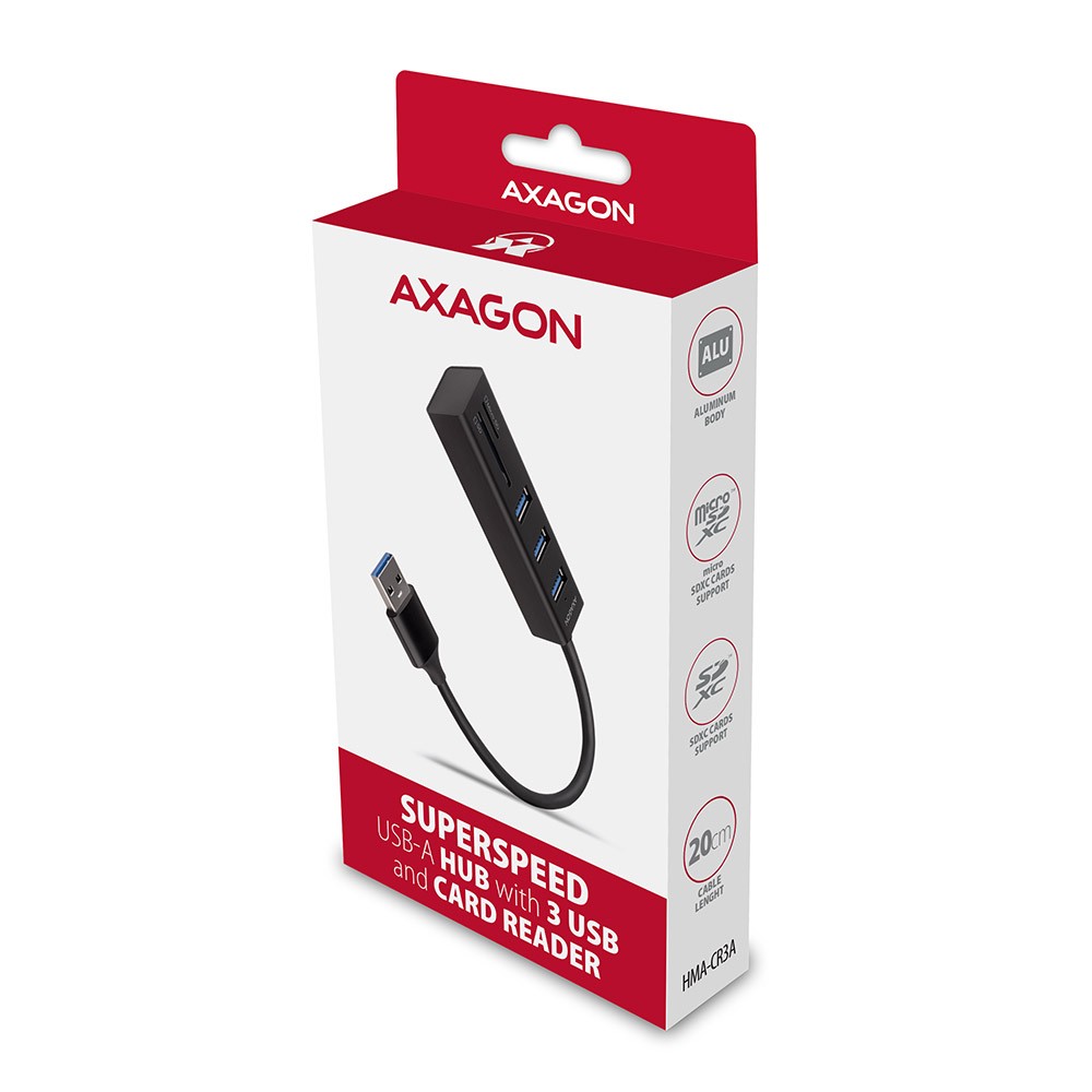 AXAGON HMA-CR3A 3x USB-A + SD/microSD, USB3.2 Gen 1 hub, metal, 20cm USB-A cable USB centrmezgli