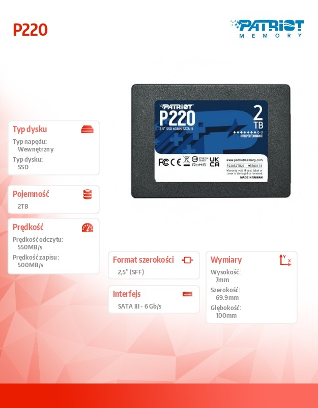 SSD PATRIOT P220 2TB SATA3 2,5" P220S2TB25 SSD disks