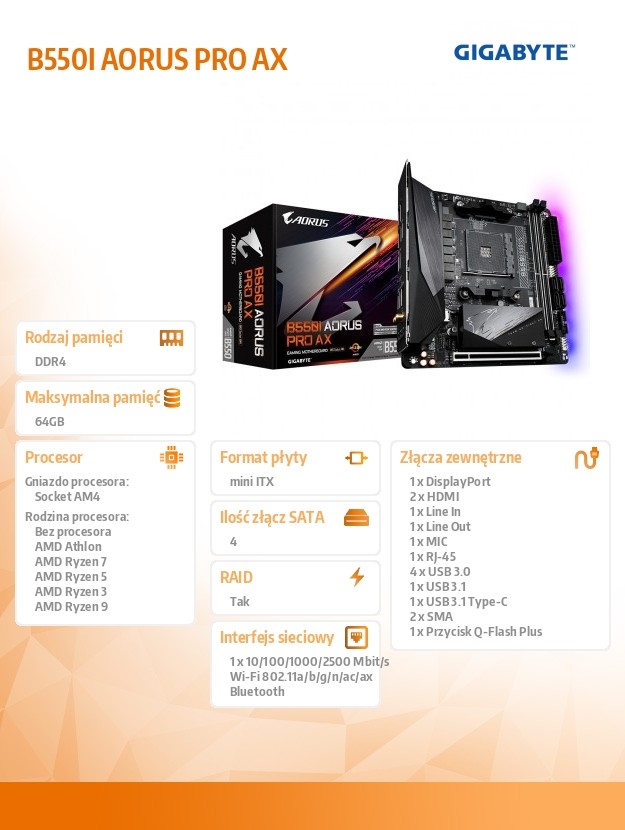 GIGABYTE B550I AORUS PRO AX AM4 DDR4 pamatplate, mātesplate