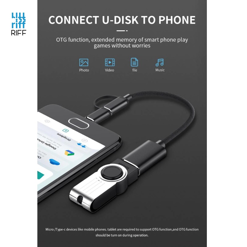 Riff V8 2 in1 OTG Host Vads Type-C + Micro USB Spraudnis uz USB 3.0 Type A 15.5cm Melns OEM 4752219008334 adapteris