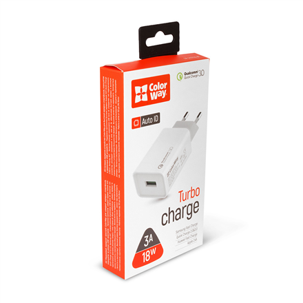 ColorWay AC Charger 1USB Quick Charge 3.0 1xUSB, White, 5 V, 18 W, 3.0 A 4823108602305 iekārtas lādētājs