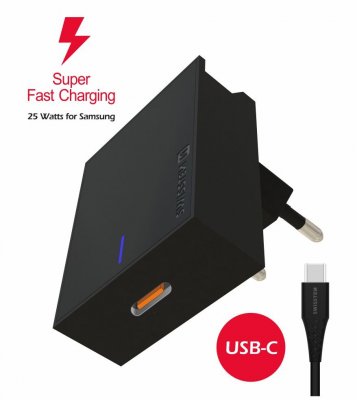 Swissten Premium 25W Samsung Super Fast Charging lādētājs ar 1.2 m USB-C uz USB-C kabeli Melns iekārtas lādētājs