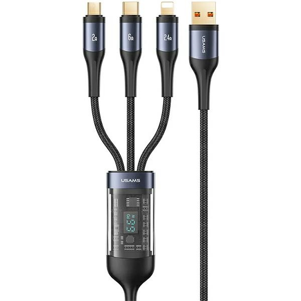 USAMS Kabel pleciony U83 3w1 66W 1,2m Digital Display PD Fast Charge (lightning|microUSB|USB-C) czarny|black SJ582USB01 (US-SJ582) SJ582USB0 USB kabelis