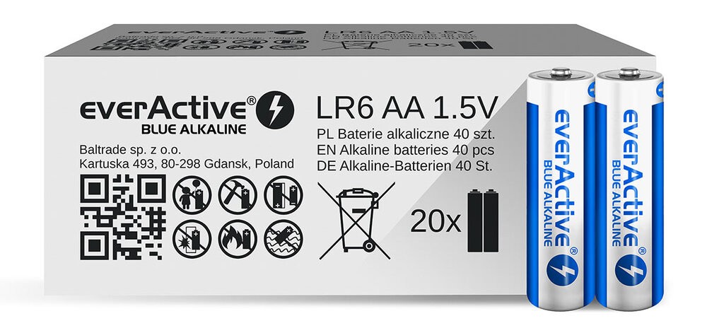 Alkaline batteries everActive Blue Alkaline LR5 AA  - carton box - 40 pieces, limited edition Baterija