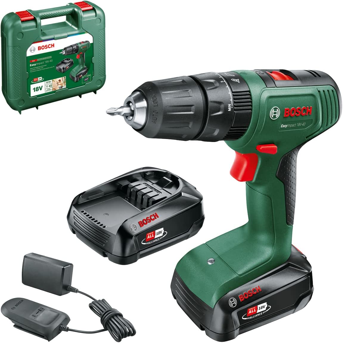 Bosch Cordless Impact Drill EasyImpact 18V-40 (green/black, 2x Li-Ion battery 2.0Ah, case)