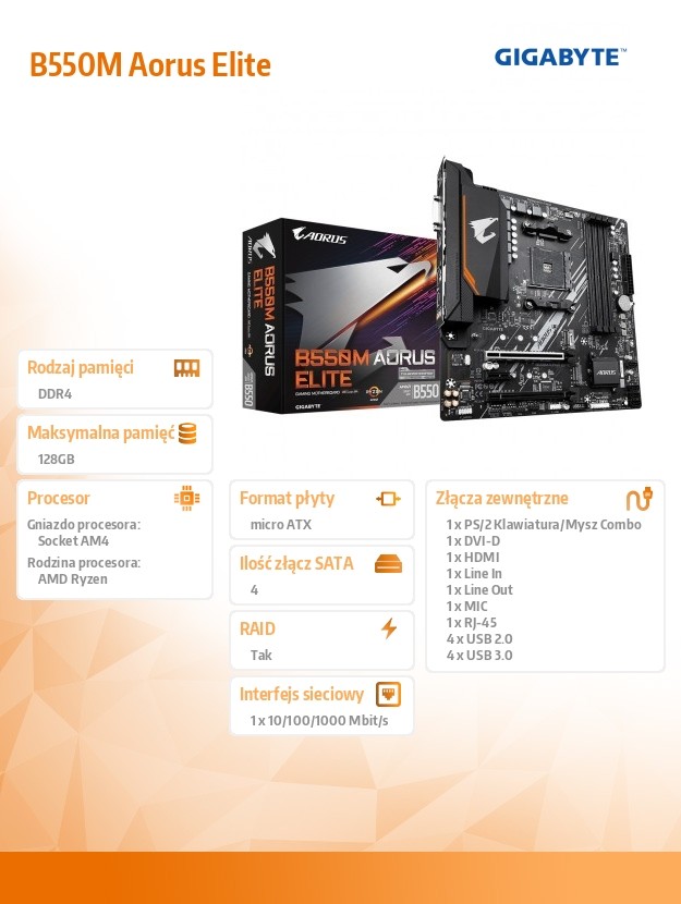 Gigabyte B550M AORUS Elite (B550,AM4,mATX,DDR4) pamatplate, mātesplate