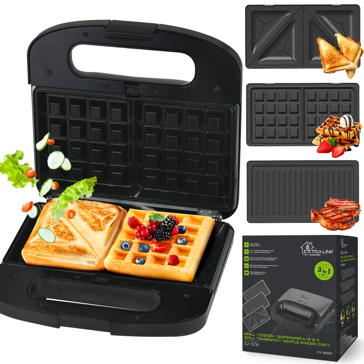 Extralink Smart Life Grill Sandwich & Waffle Maker SJ-37A | Grill Toaster & Waffle Iron | 1000W, Toaster with 3 interchangeable plates Galda Grils