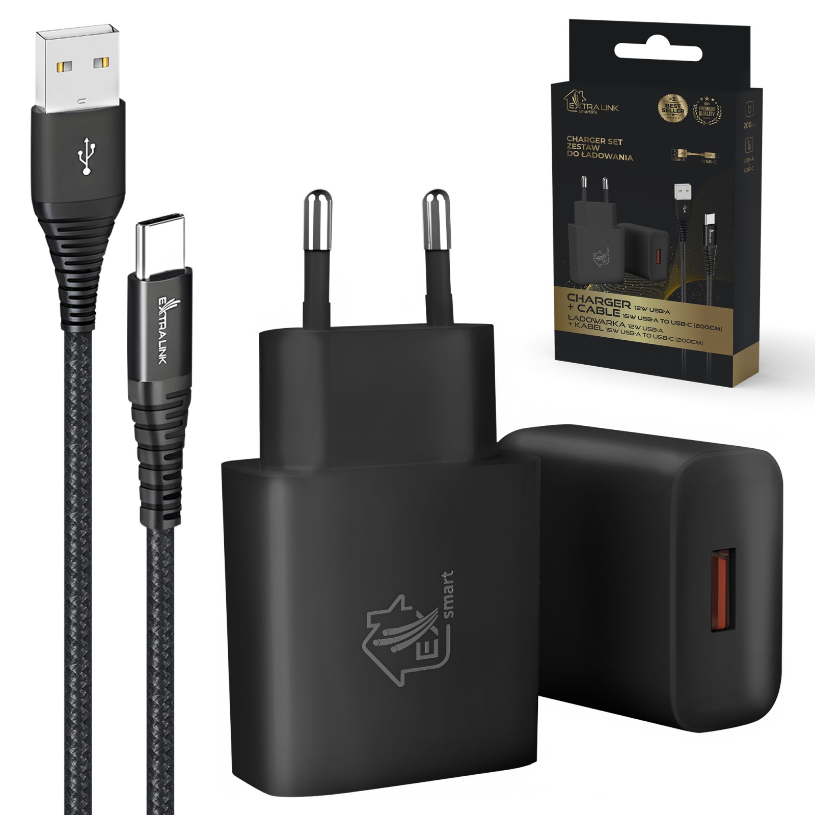 Smart Life USB Type-A to Type-C Kit, 200cm, Black + 12W Black Charger iekārtas lādētājs