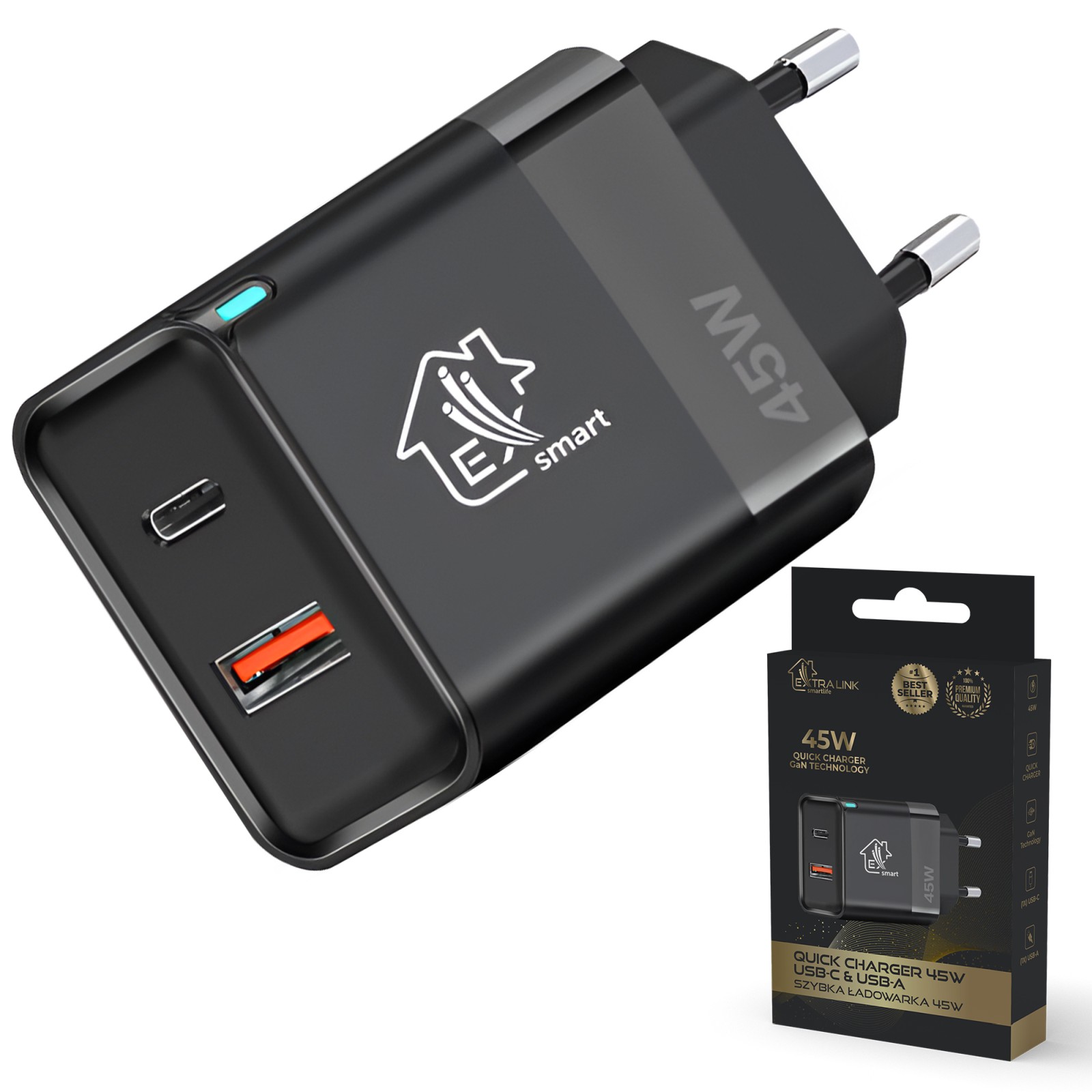 Extralink Smart Life 45W, USB-C + USB-A iekārtas lādētājs