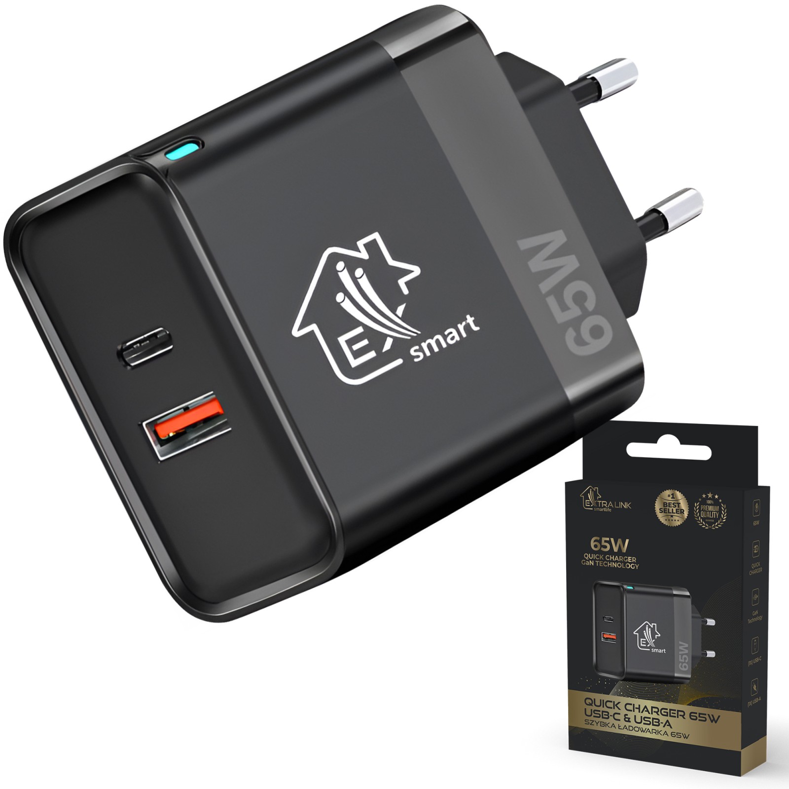 Extralink Smart Life 65W, USB-C + USB-A iekārtas lādētājs