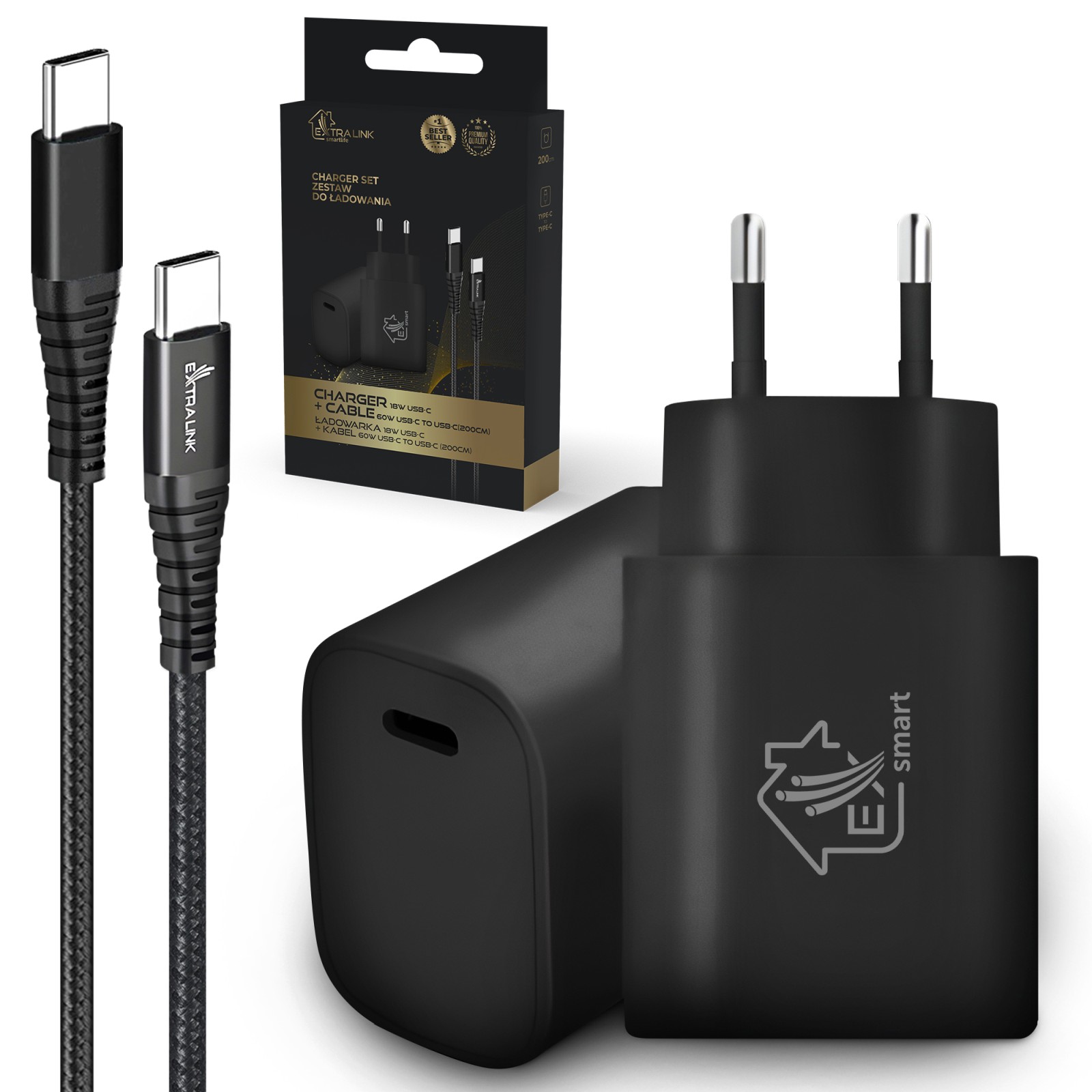 Smart Life USB Type-C to Type-C Kit, 200cm, Black + 18W PD3.0 Charger Black iekārtas lādētājs