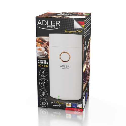 Adler Coffee grinder AD4446wg 150 W, Coffee beans capacity 75 g, Lid safety switch, White Kafijas dzirnaviņas