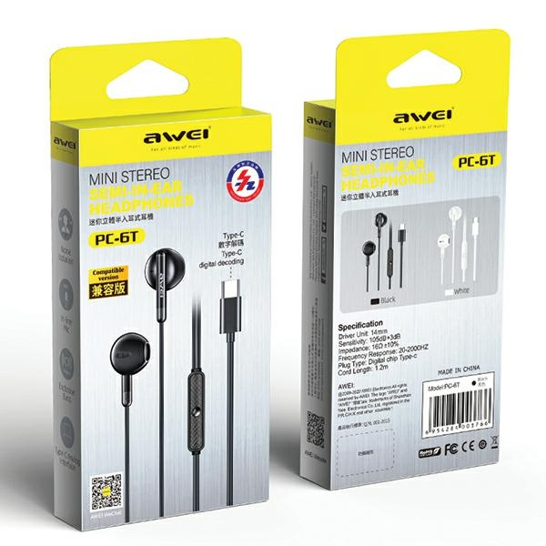 AWEI słuchawki stereo PC-6T USB-C czarny|black PC-6T (6954284003766) austiņas