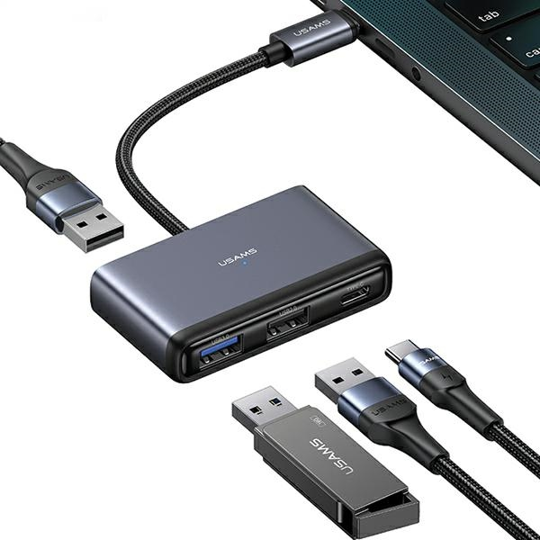 USAMS Adapter HUB 4w1 2xUSB 2.0|USB 3.0| USB-C szary|dark grey SJ627HUB01 (US-SJ627) SJ627HUB01 (6958444905631)