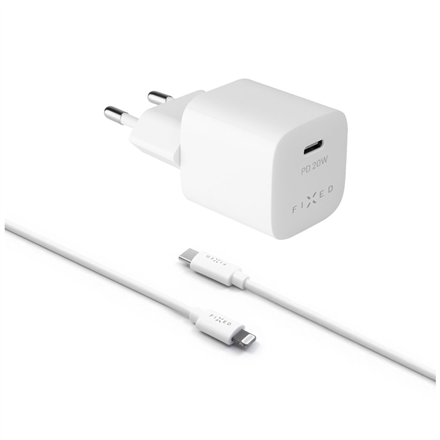 Fixed Mini USB-C Travel Charger USB-C/Lightning Cable Fast charging, White, 20 W iekārtas lādētājs