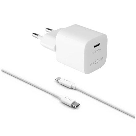 FIXED Mini Travel Charger 20W+ USB-C/USB-C Cable, White iekārtas lādētājs