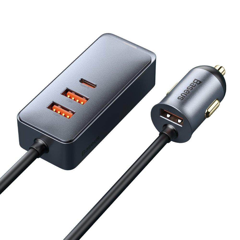 Baseus Share Together car charger with extension cord, 3x USB, USB-C, 120W (gray) iekārtas lādētājs