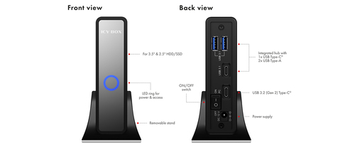 ICY BOX IB-382H-C31, drive housing (black, for 1x HDD/SSD with USB 3.2 (Gen 2) Type-C connector and USB hub) cietā diska korpuss