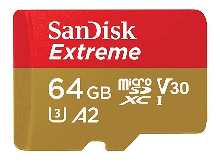SANDISK Extreme 64GB microSDXC + 1 year RescuePRO Deluxe up to 170MB/s & 80MB/s Read/Write speeds A2 C10 V30 UHS-I U3 atmiņas karte