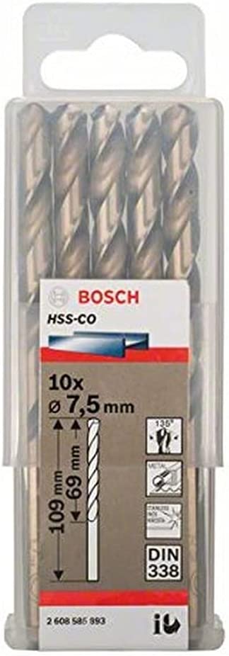 Bosch Metal twist drill HSS-Co, DIN 338,  7.5mm (10 pieces, working length 69mm) 2608585893 (3165140521284)