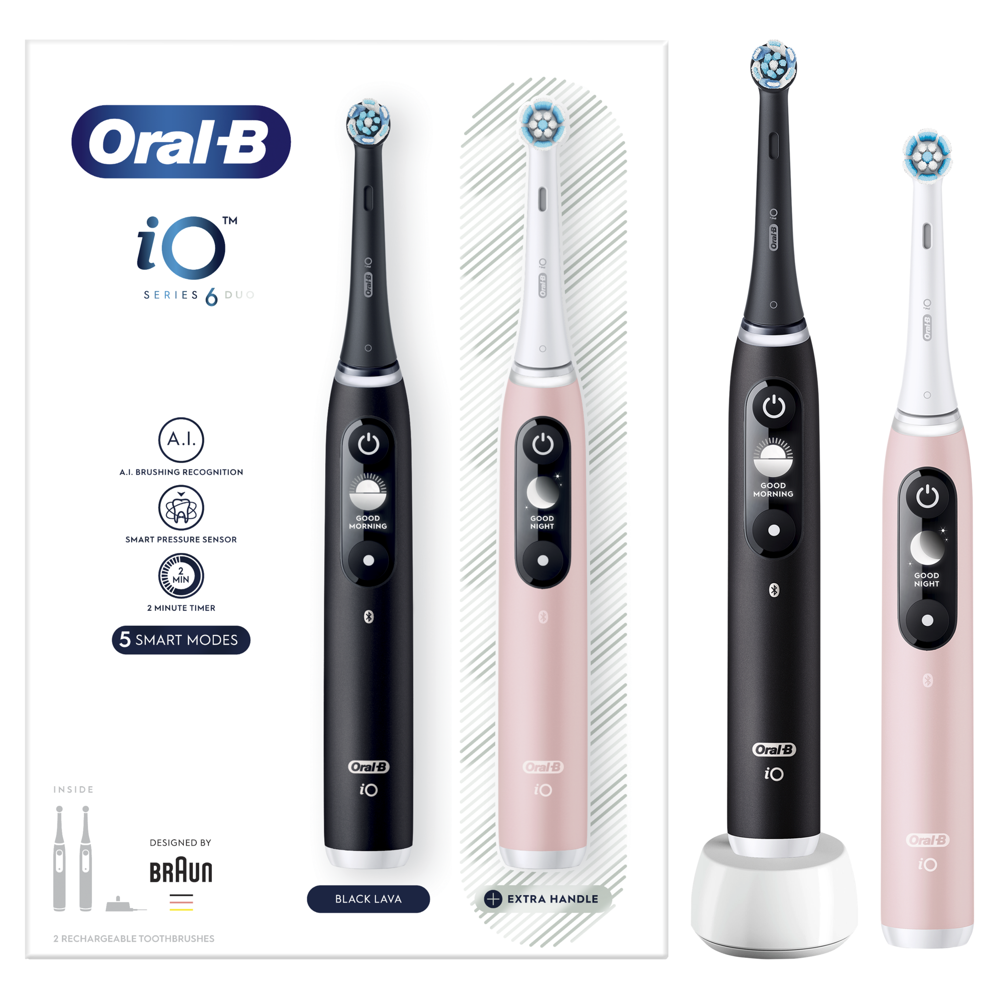 iOM6d.2J6 Oral-B iO6 Duo Pack Elektriska Zobu Birste Black + Pink Sand Extra Handle mutes higiēnai