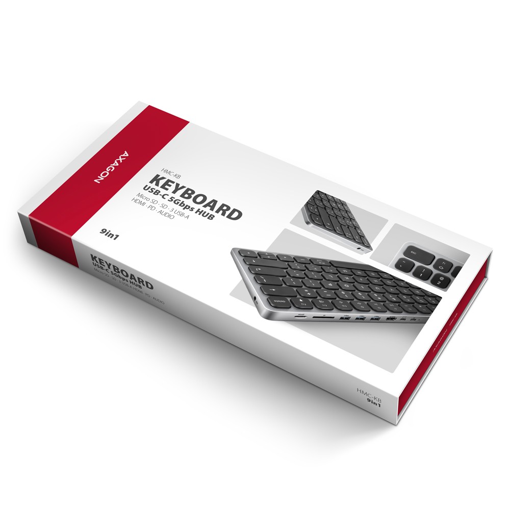 AXAGON HMC-KB keyboard USB-C 5Gbps with HUB, microSD/SD, 3x USB-A, HDMI 4K/60Hz, PD 100W, Audio, US layout USB centrmezgli