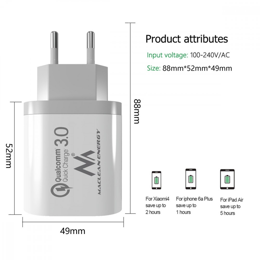 Maclean Energy MCE479W 3xUSB ladetajs QC 3.0 iekārtas lādētājs