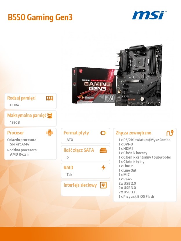 MSI B550 GAMING GEN3 - motherboard - ATX - Socket AM4 - AMD B550 pamatplate, mātesplate