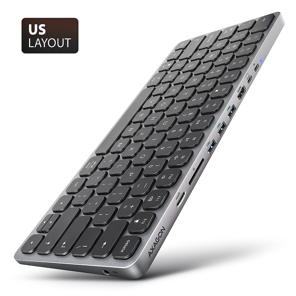 AXAGON HMC-KB keyboard USB-C 5Gbps with HUB, microSD/SD, 3x USB-A, HDMI 4K/60Hz, PD 100W, Audio, US layout USB centrmezgli