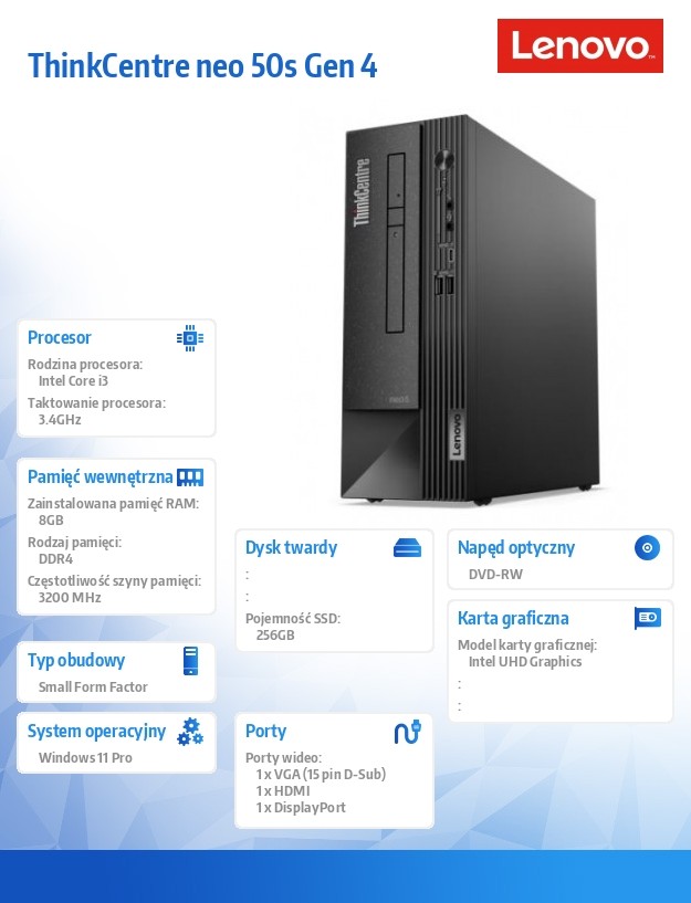 Computer ThinkCentre Neo 50s G4 SFF 12JF001XPB W11Pro i3-13100/8GB/256GB/INT/DVD/3YRS OS dators