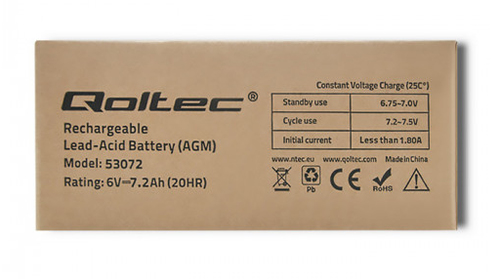 Qoltec 53072 AGM battery | 6V | 7.2 Ah Baterija