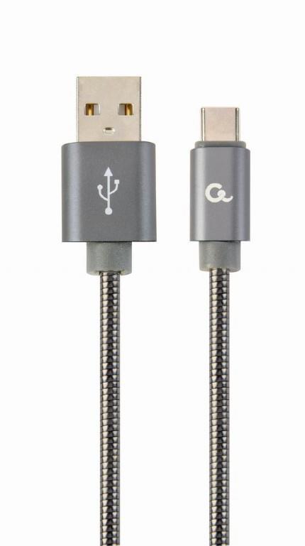 Gembird Premium spiral metal Type-C USB charging and data cable,2m,metallic-grey USB kabelis