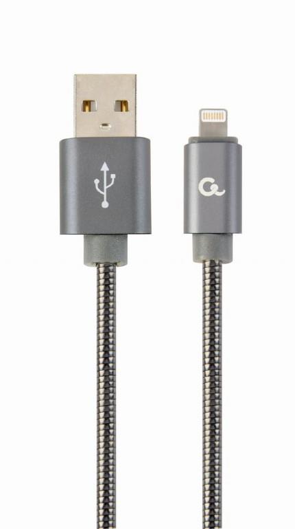 Gembird Premium spiral metal 8-pin charging and data cable, 2m, metallic-grey USB kabelis