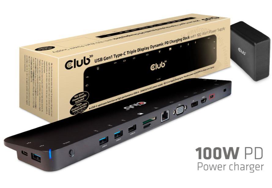 Club3D ChargingDock USB-C 3.2 ->7xUSB/DP/HDMI/LAN/Audio 100W retail dock stacijas HDD adapteri