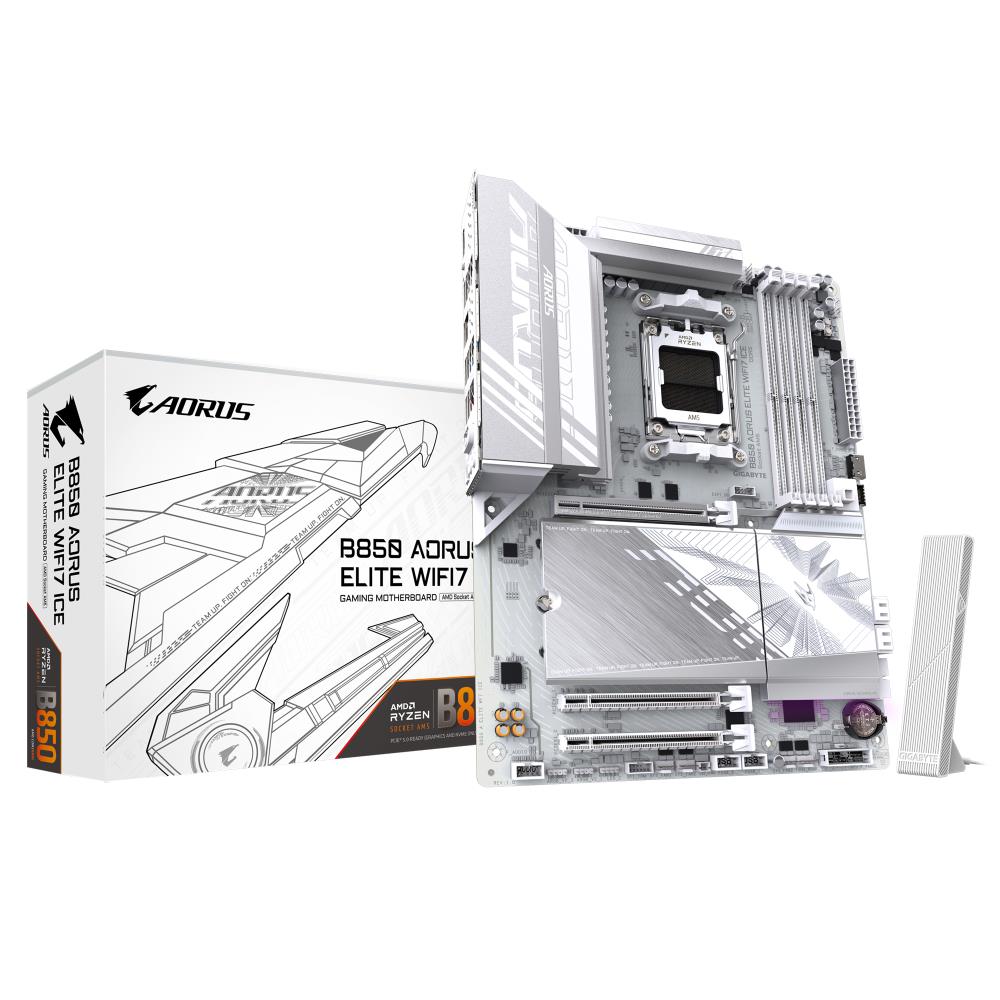 Gigabyte B850 A ELITE WF7 ICE | Processor family AMD | Processor socket AM5 | DDR5 | Supported hard disk drive interfaces SATA, M.2 | Number pamatplate, mātesplate