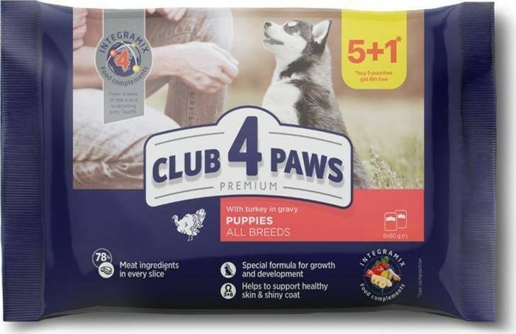 Club 4 Paws CLUB4L PIES sasz. 6*100g PUPPY INDYK w sosie ZESTAW 5+1 GRATIS 000689-C4L (4820215364720) barība suņiem