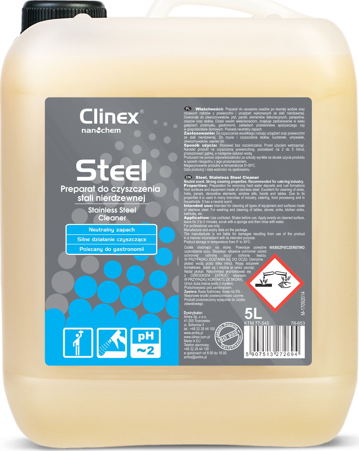 Clinex Plyn do mycia mebli i urzadzen ze stali nierdzewnej CLINEX Gastro Steel 5L Plyn do mycia mebli i urzadzen ze stali nierdzewnej CLINEX Sadzīves ķīmija
