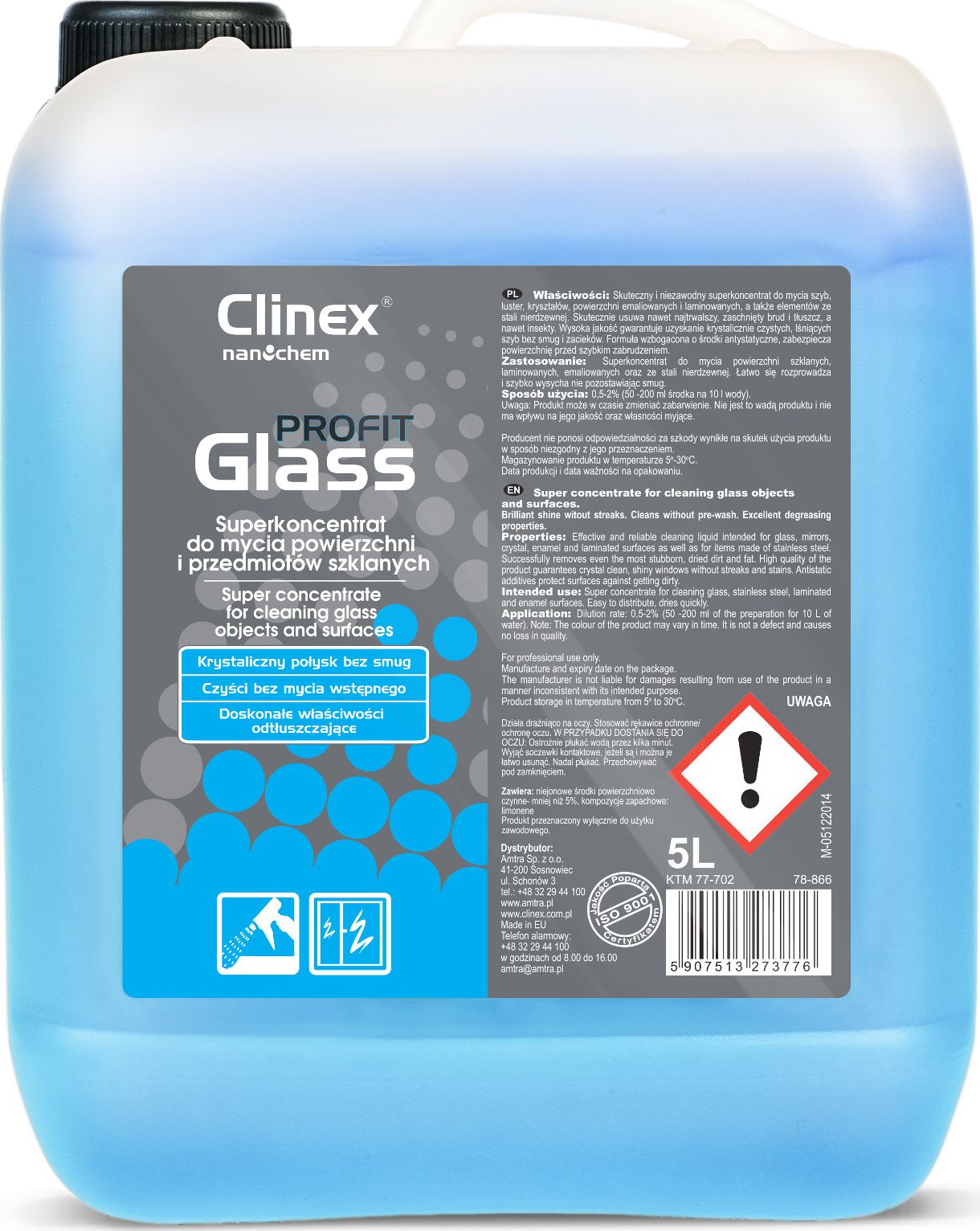 Clinex Skuteczny koncentrat do mycia szyb luster szkla stali nierdzewnej CLINEX PROFIT Glass 5L Skuteczny koncentrat do mycia szyb luster sz Sadzīves ķīmija