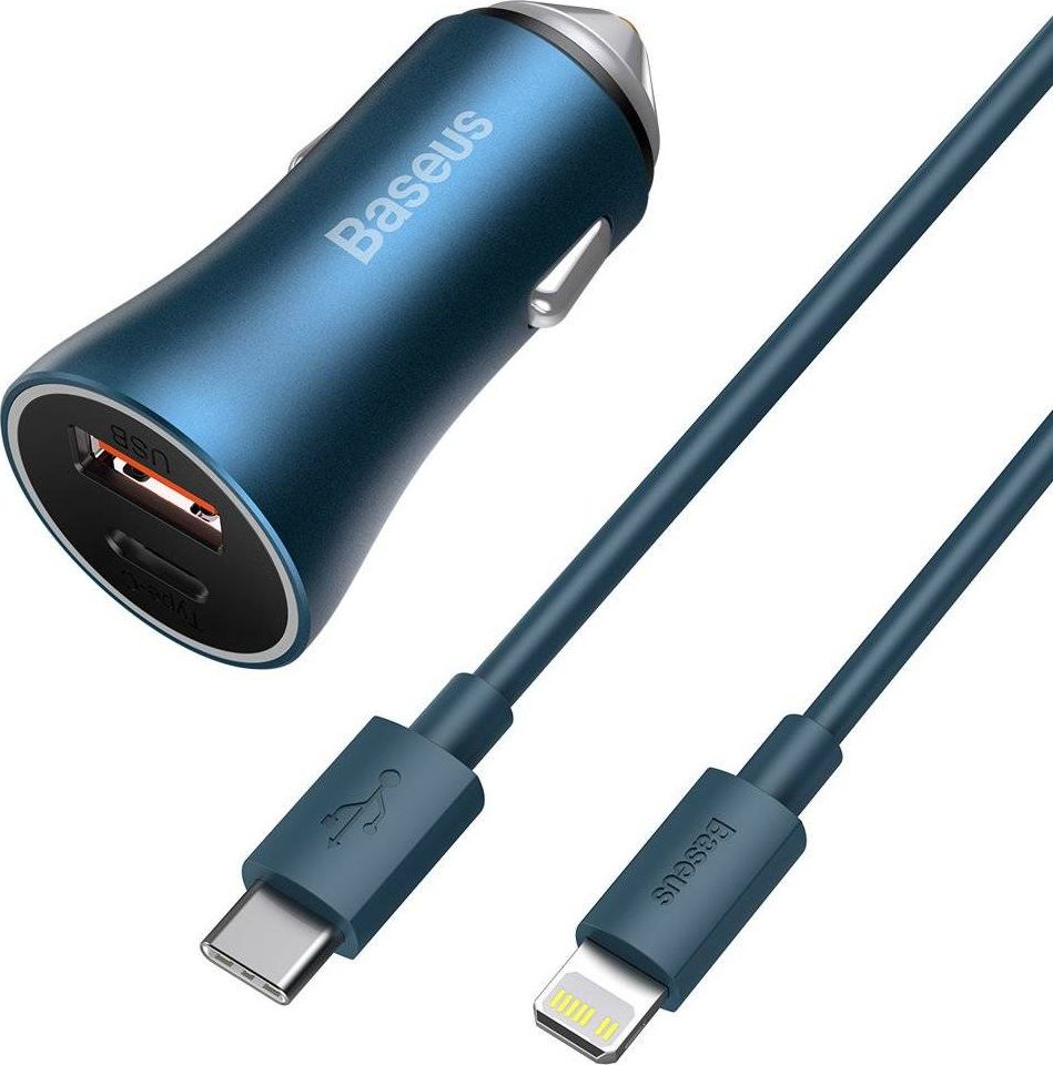 Baseus Golden Contactor Pro car charger, USB + USB-C, QC4.0+, PD, SCP, 40W (blue) + USB-C - Lightning cable 1m (blue) iekārtas lādētājs
