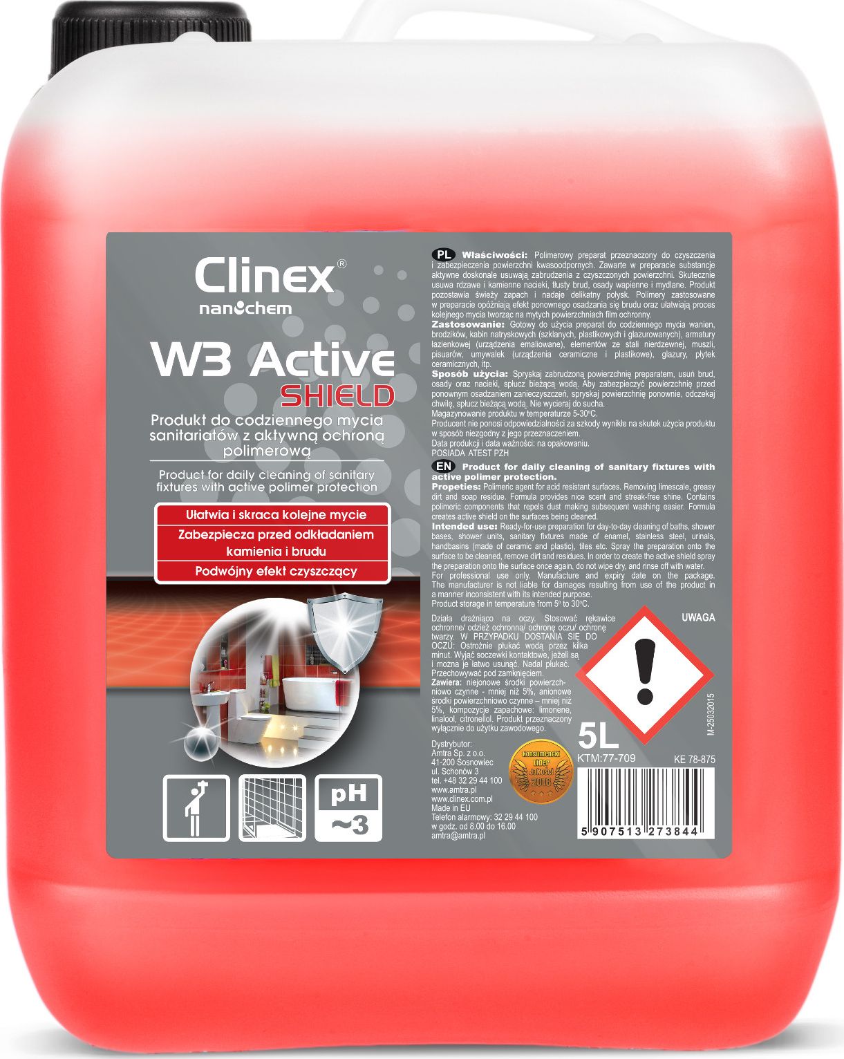 Clinex Preparat do mycia lazienki ubikacji usuwa rdze kamien osady z mydla CLINEX W3 Active SHIELD 5L Preparat do mycia lazienki ubikacji us Sadzīves ķīmija