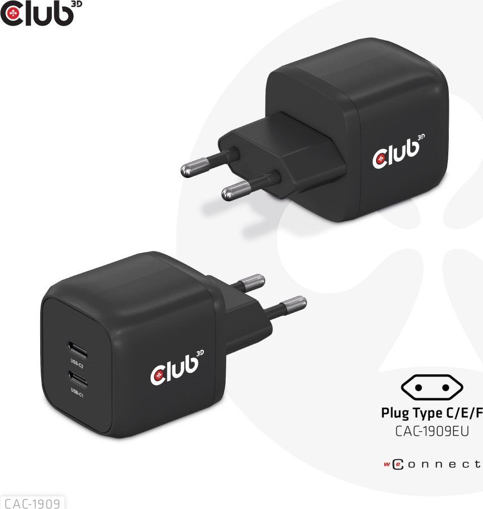 CLUB3D Travel Charger PPS 45W GAN technology, Dual port USB Type-C, Power Delivery(PD) 3.0 Support iekārtas lādētājs