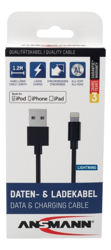 Ansmann USB-A, Lightning data and charging cable, 1.2 meters (black) iekārtas lādētājs